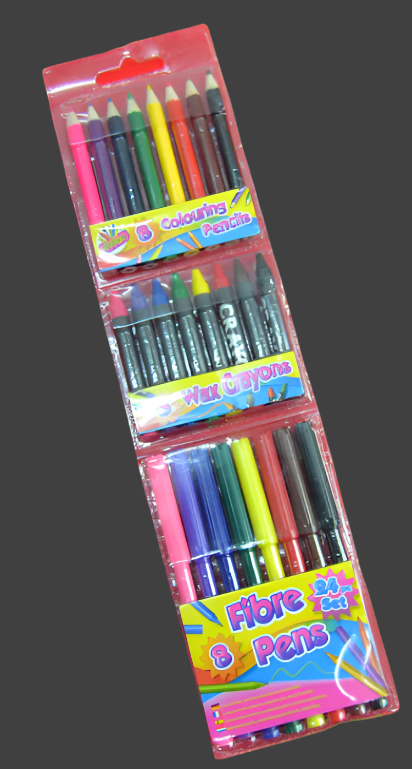 24x 3 in 1 Colouring Pack - 8x Fibre Pens, 8x Crayons and 8x Coloured Pencils